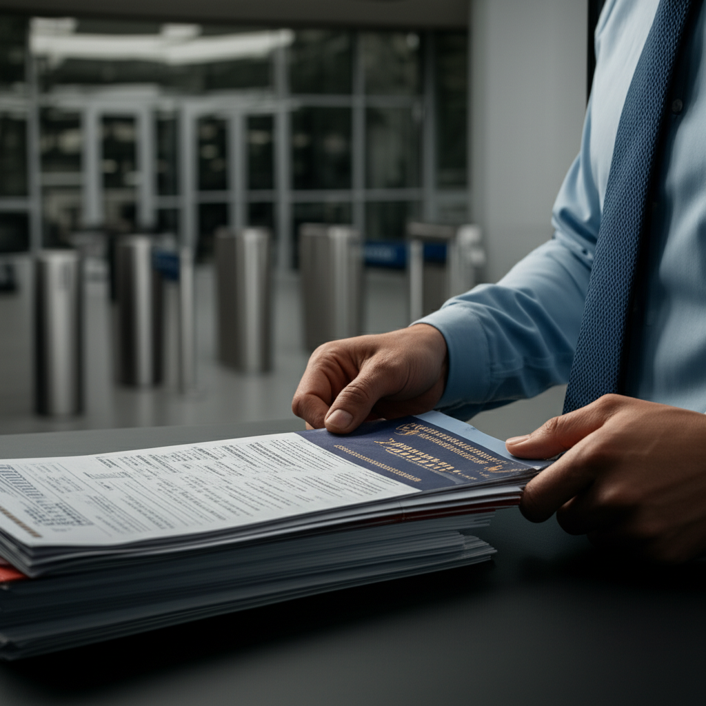 Close-up of an immigration officer reviewing a stack of 2025 immigration forms and work permits, with a blurred background of a federal building and security checkpoint, 8K quality, cinematic lighting, professional editorial photo, no text, no watermarks