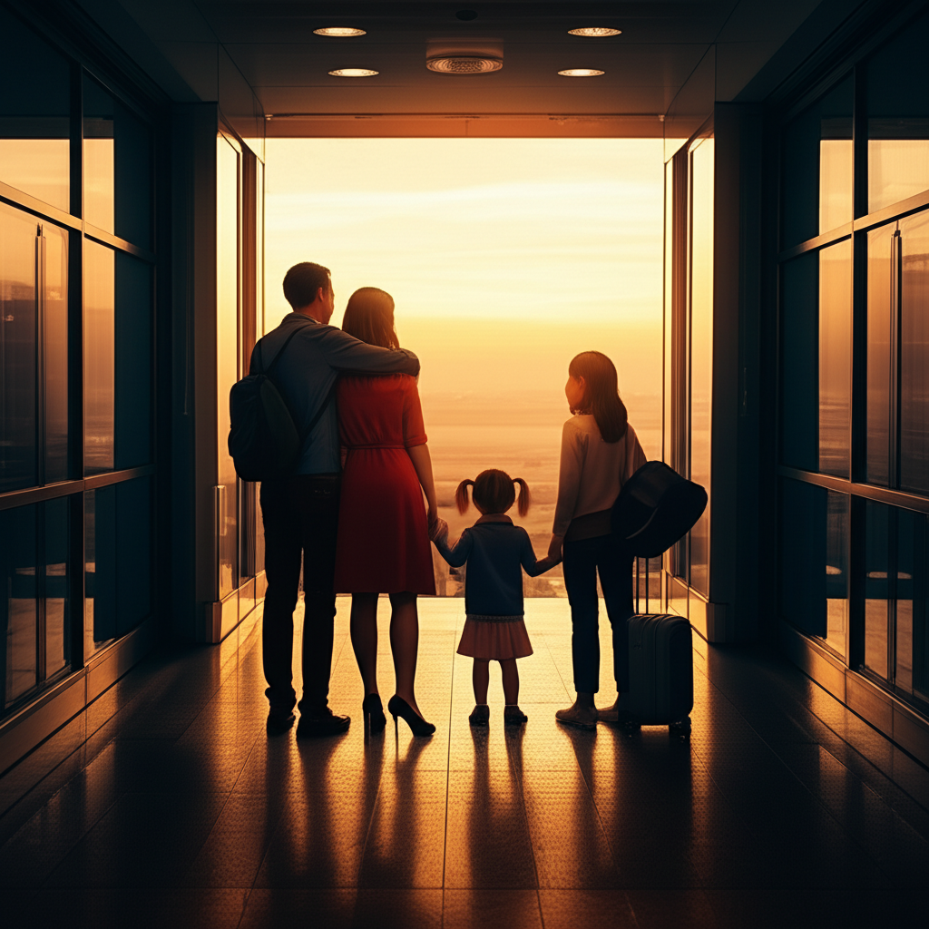 Cinematic 8K scene of a family reuniting at a US airport arrivals gate, symbolizing immigration trends in family visas, warm golden hour lighting, professional editorial quality like a Time magazine cover, no text or watermarks