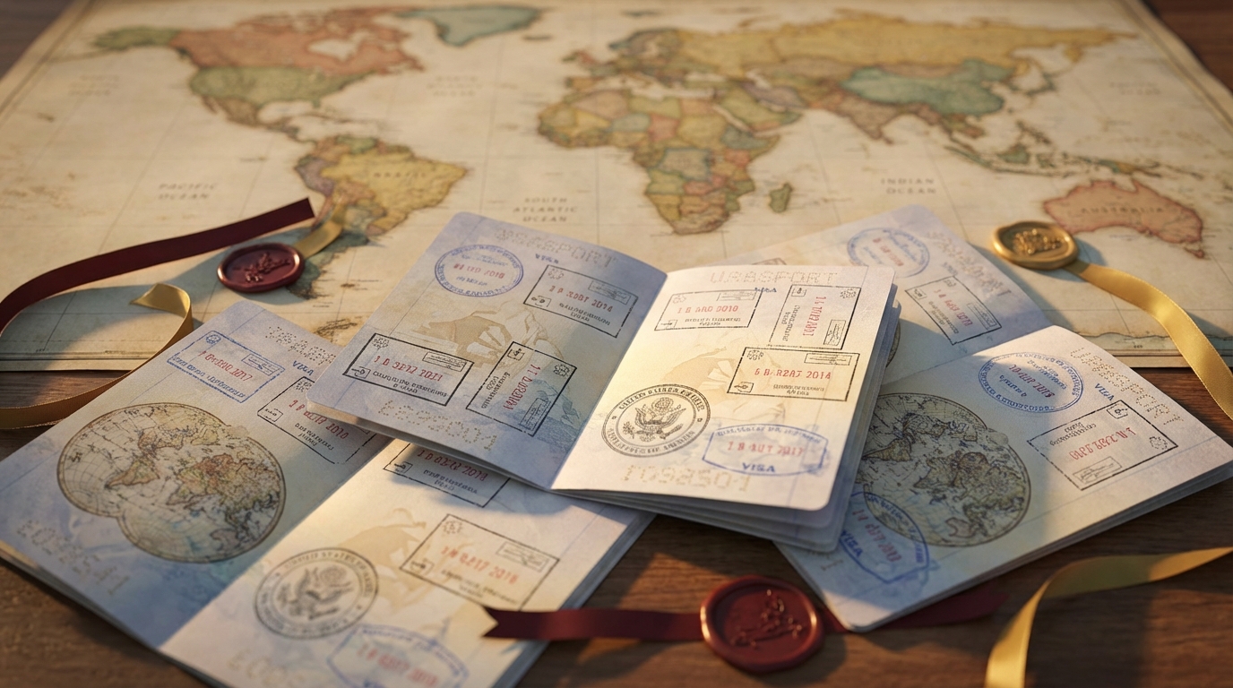 Aerial view of U.S. passport and visa stamps with world map background, golden hour lighting, professional editorial magazine style, high-resolution 8K