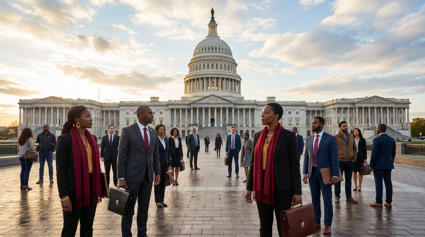 An editorial quality image showing a diverse group of people with a backdrop of the U.S. Capitol.
