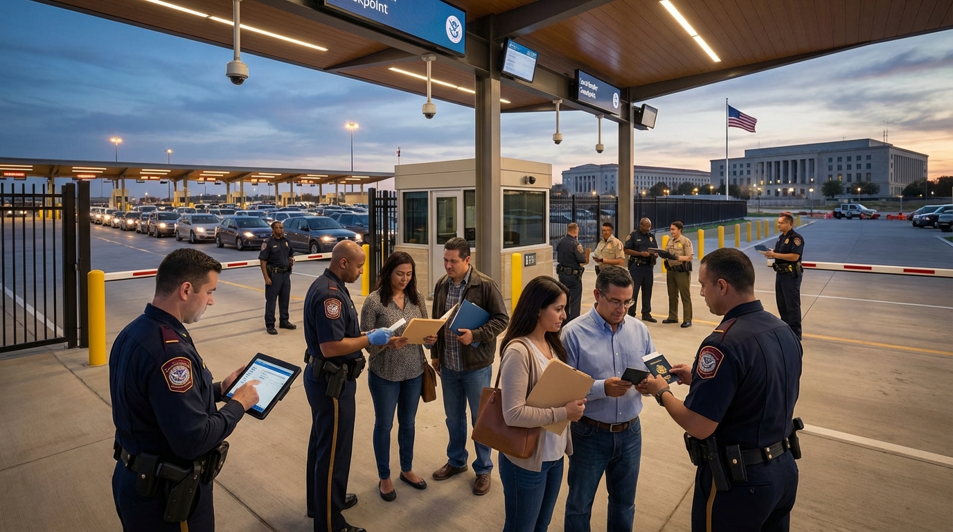 A U.S. border checkpoint with officers and immigrants showing documents.
