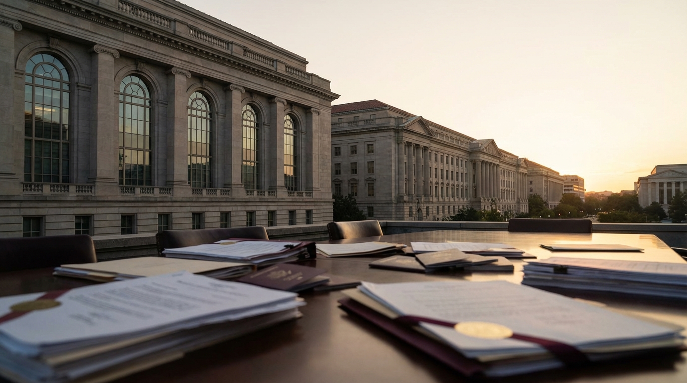 Illustration of policy changes impacting immigration, featuring government buildings and immigration documents.