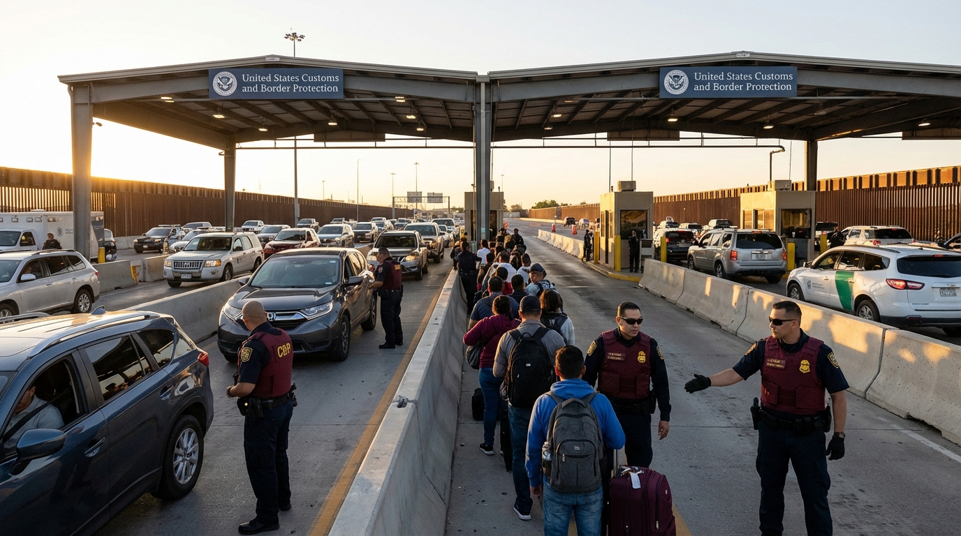 A professional image depicting a busy U.S. border crossing with officers and travelers, editorial quality.